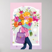 Frau mit Blumenstrauß Farbige Illustration  Poster (Vorne)