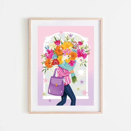 Frau mit Blumenstrauß Farbige Illustration  Poster