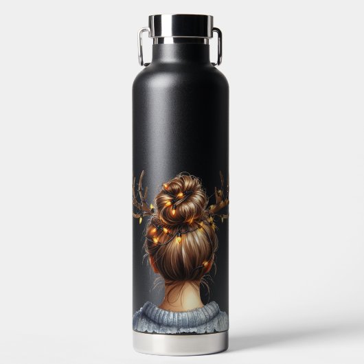 FRAU MIT BUNTEN WEIHNACHTSLICHTERN IM HAAR TRINKFLASCHE (Vorderseite)
