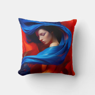 Frau mit Cobalt Blue Veil im Hintergrund Orange Kissen