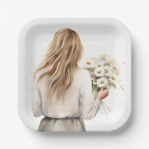 Frau mit Daisy Bouquet Pappteller