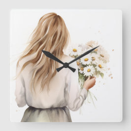Frau mit Daisy Bouquet Quadratische Wanduhr