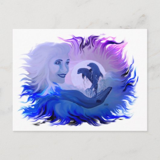 Frau mit Delfine im Mondschein Postkarte (Vorderseite)