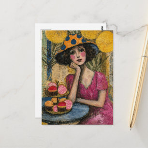 Frau mit Dessert-Collage Postkarte