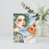 Frau mit einem großen Stück Pizza und UFOs Postkarte (Stehend Vorderseite)