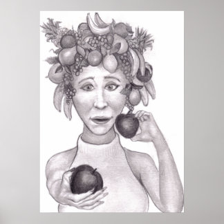 Frau mit einem Hut aus Obst, das dem Betrachter an Poster