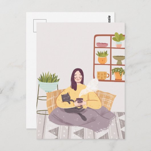 Frau mit einem Kaffeecup und einer Katze im Zuhaus Postkarte (Vorne/Hinten)
