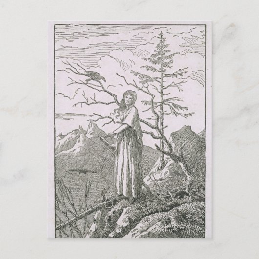 Frau mit einem Raben, am Rand eines Abgrunds Postkarte (Vorderseite)