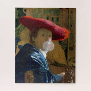 Frau mit einem roten Hut, der ein Kaugummi bläst Puzzle