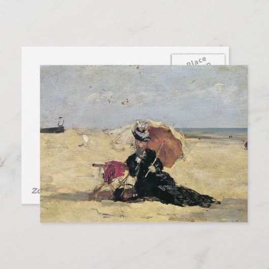 Frau mit einem Sonnenschirm auf dem Strand, 1880 Postkarte (Vorne/Hinten)
