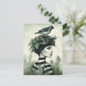 Frau mit einem Vogel auf ihrem Kopf Postkarte (Stehend Vorderseite)