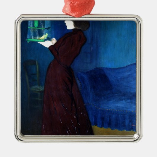Frau mit einem Vogelkäfig Silbernes Ornament (Vorne)