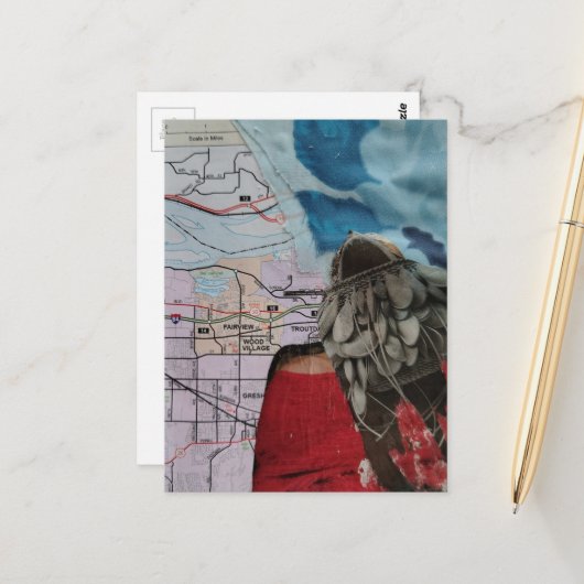 Frau mit einer Handtasche als Kopf Surrealer Colla Postkarte (Vorderseite/Rückseite Beispiel)