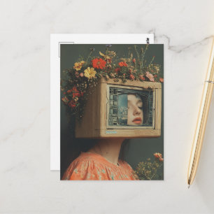 Frau mit Fernseh-Kopf und Blumen surreale Postkarte