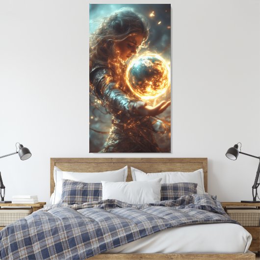 Frau mit Feuer-Orb-Canvas-Print Leinwanddruck (Insitu (Schlafzimmer))