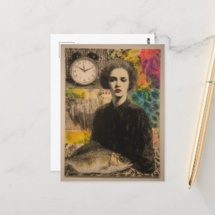 Frau mit Fisch Mixed Media Collage Postkarte