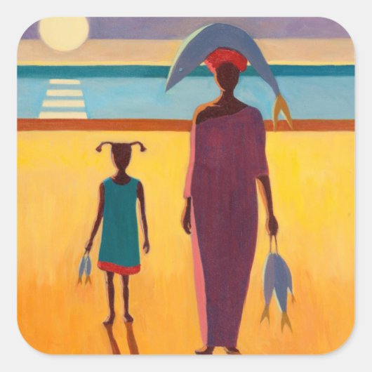 Frau mit Fisch Quadratischer Aufkleber (Vorderseite)