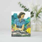 Frau mit Fisch und Bananen Postkarte (Stehend Vorderseite)