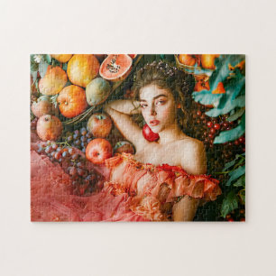 Frau mit Früchten und Blumen im Porträtstil Puzzle