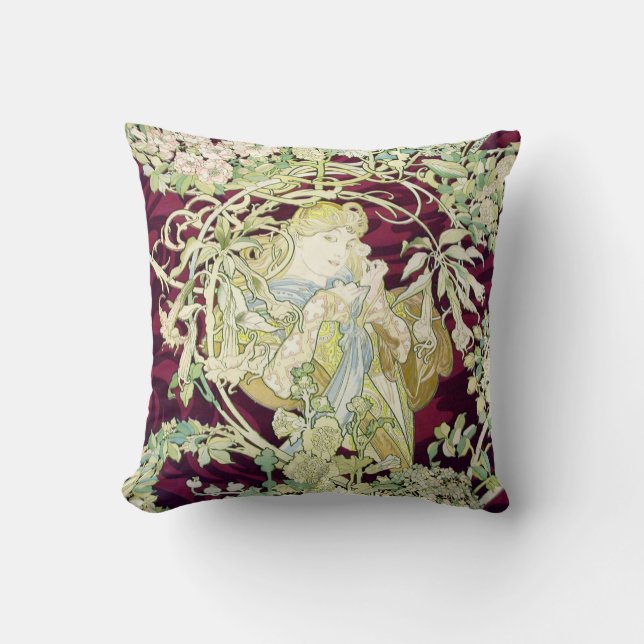 Frau mit Gänseblümchen - Alphonse Mucha Kissen (Vorderseite)