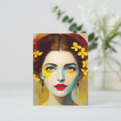 Frau mit gelben Blumen Postkarte (Stehend Vorderseite)