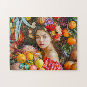Frau mit gemischten Früchten und Blumendekor Puzzle