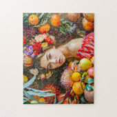 Frau mit gemischten Früchten und Blumendekor Puzzle (Vertikal)