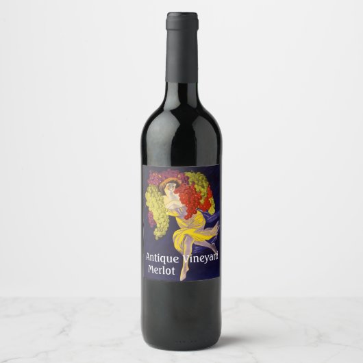 FRAU MIT GRAPEN, VINEYARD HARVEST Jugendstil Weinetikett (Vorderseite)
