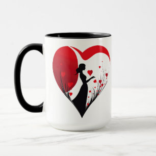Frau mit Herz in der roten und schwarzen Tasse