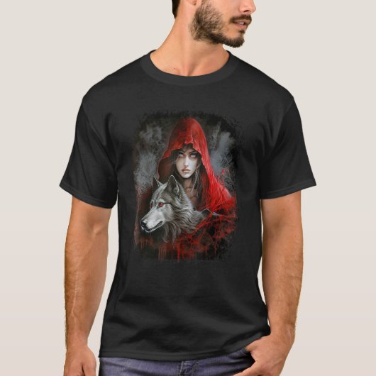 Frau mit Hood in Rot und Grau Wolf Fantasy Paint T-Shirt (Vorderseite)