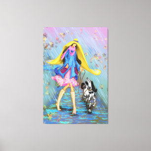 Frau mit Hund in Regen Canvas Print Herbst Leinwanddruck