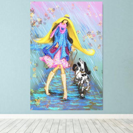 Frau mit Hund in Regen Canvas Print Herbst Leinwanddruck (Insitu (Holzboden))