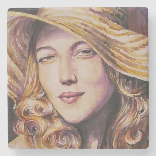 Frau mit Hut Steinuntersetzer (Vorderseite)