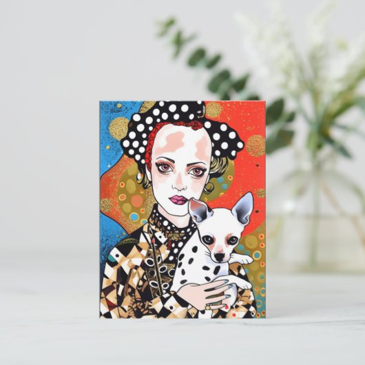 Frau mit ihrem hübschen Gepunkteten Hund Postkarte (Stehend Vorderseite)