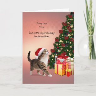 Frau mit Katze in einem Weihnachtsmannmütze und We Feiertagskarte