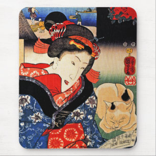 Frau mit Katze - japanische Kunst - Utagawa Mousepad