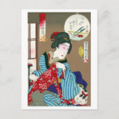 Frau mit Katze, Toyohara Kunichika, Ukiyo-e Postkarte (Vorderseite)