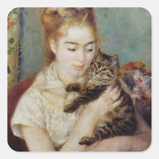 Frau mit Katze von Pierre-Auguste Renoir Quadratischer Aufkleber (Vorderseite)