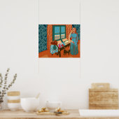 Frau mit Katze zu Hause am Meeressonnenlicht glück Poster (Küche)