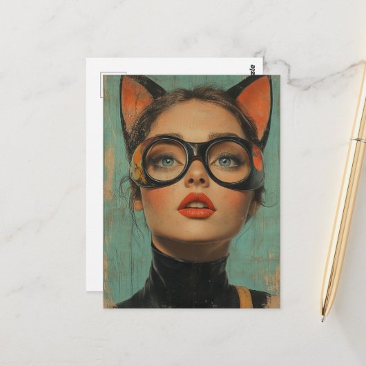 Frau mit Katzenohren Postkarte (Vorderseite/Rückseite Beispiel)