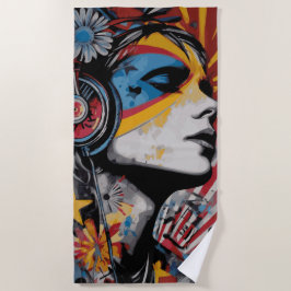 Frau mit Kopfhörern Street Art Portrait Strandtuch