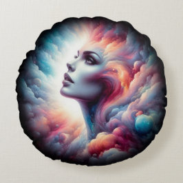 Frau mit kosmischem Aurahaar Rundes Kissen
