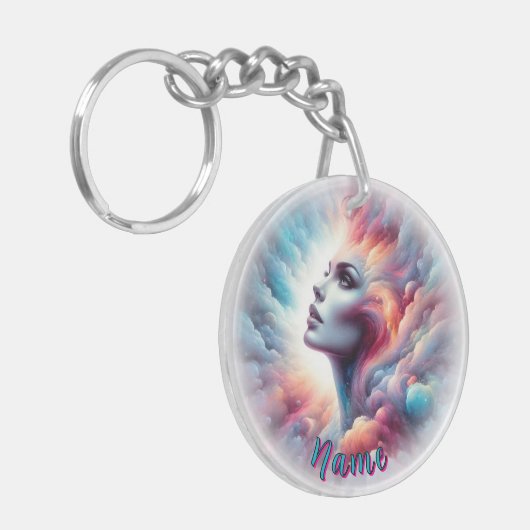 Frau mit kosmischem Aurahaar Schlüsselanhänger (Vorderseite links)