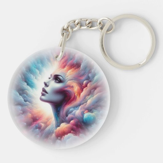 Frau mit kosmischem Aurahaar Schlüsselanhänger (Rückseite)