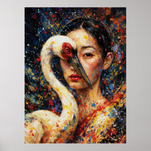 Frau mit Kranich Vogel Farbiger Spritzer Poster