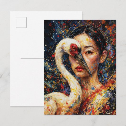 Frau mit Kranich Vogel Farbiger Spritzer Postkarte (Vorne/Hinten)