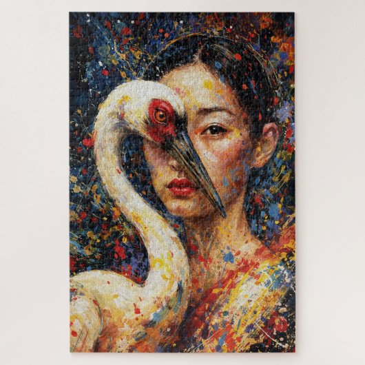 Frau mit Kranich Vogel Farbiger Spritzer Puzzle (Vertikal)
