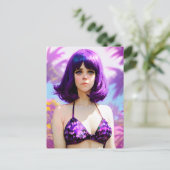 Frau mit Lila Haar und Lila Bikini Postkarte (Stehend Vorderseite)
