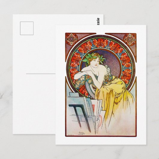 Frau mit Mohn, Mucha Postkarte (Vorne/Hinten)