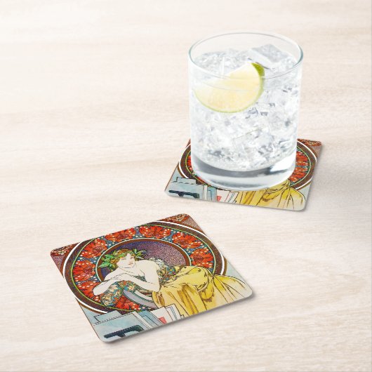 Frau mit Mohn, Mucha Rechteckiger Pappuntersetzer (Vor Ort)